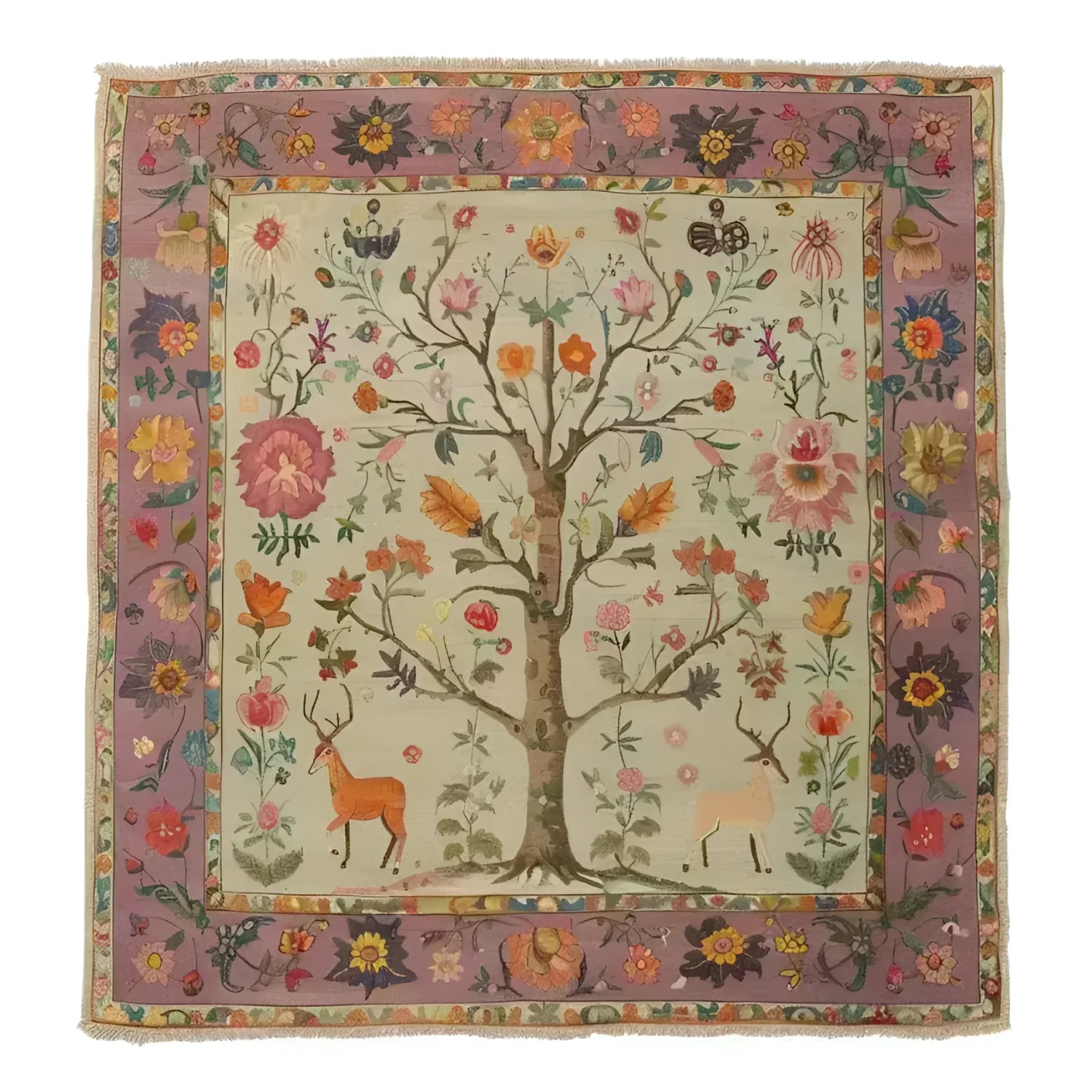Eternal Growth Tapestry Hand Knotted Area Rug featuring a vibrant depiction of a tree with colorful flowers and deer, bordered by intricate floral designs, showcasing exquisite craftsmanship.