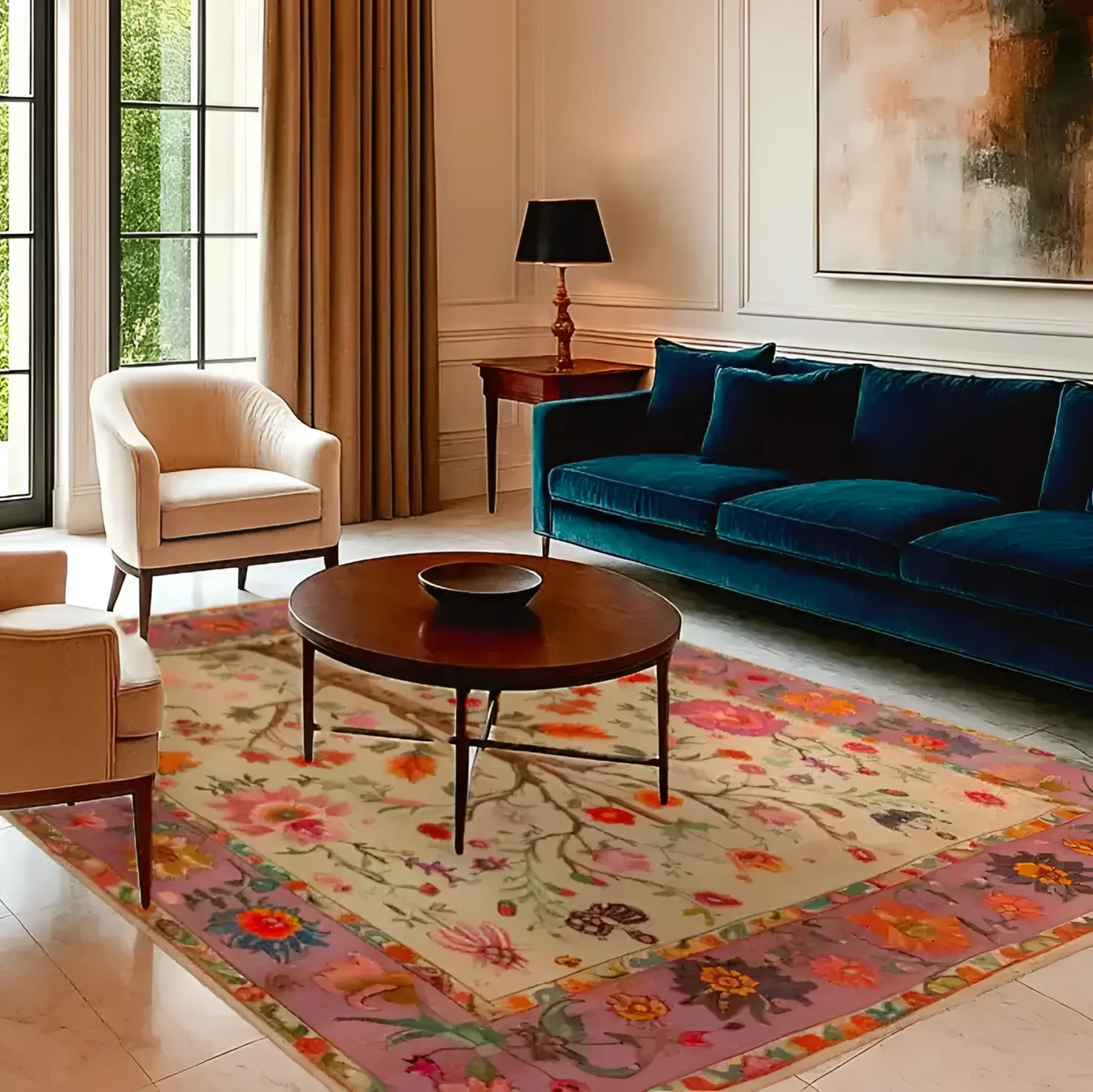 Elegant living room showcasing a hand-knotted area rug with a vibrant floral design, perfect as a large living room rug. The Persian rug features intricate patterns and rich colors, enhancing the sophisticated decor with a plush blue sofa and modern furniture.