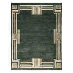 Top view of the Eternal Horizon Hand Tufted Wool Area Rug featuring an elegant geometric border pattern in neutral tones against a rich green background.