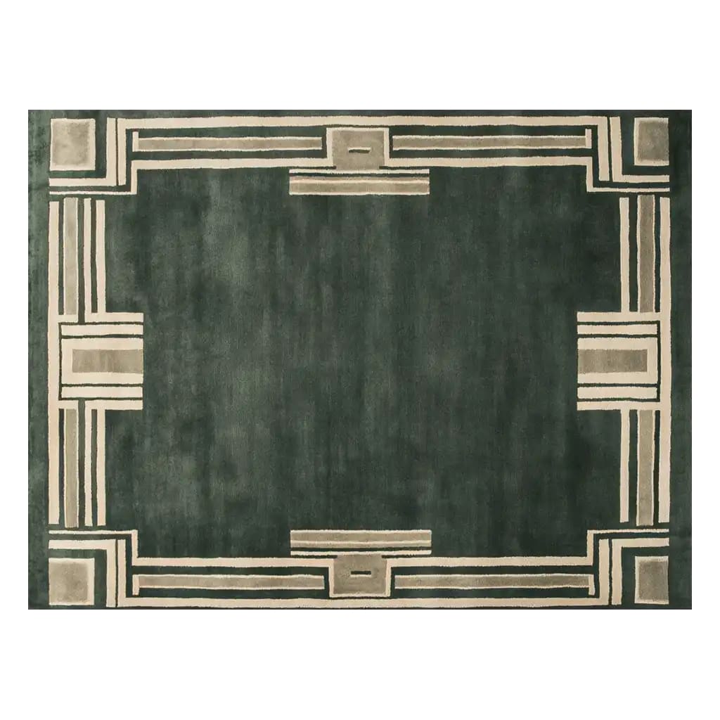 Top view of the Eternal Horizon Hand Tufted Wool Rug, featuring an elegant geometric border design in beige tones against a deep green background. This luxurious area rug adds a touch of sophistication to any room.