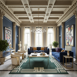 Luxurious living room with blue sofa, green rug, white armchair, and decorative elements.
