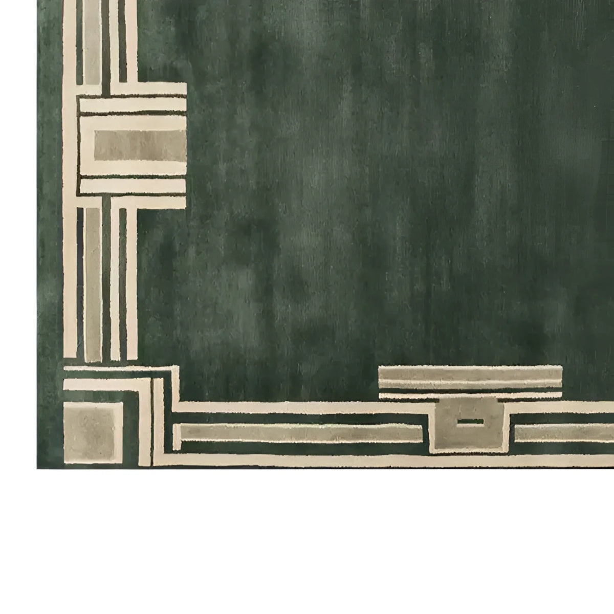Elegant hand tufted wool area rug featuring a rich green background with intricate geometric border designs in contrasting beige tones, adding a modern touch to any room.