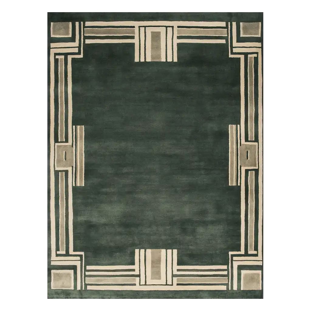 Top view of the Eternal Horizon Hand Tufted Wool Area Rug featuring an elegant geometric border pattern in neutral tones against a rich green background.