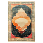 The Eternal Mirage Hand Tufted Wool Rug showcases an intricate abstract design with a blend of warm oranges and deep blacks, framed by geometric patterns. This area rug is a stunning centerpiece for any room, reflecting both modern and traditional aesthetics.