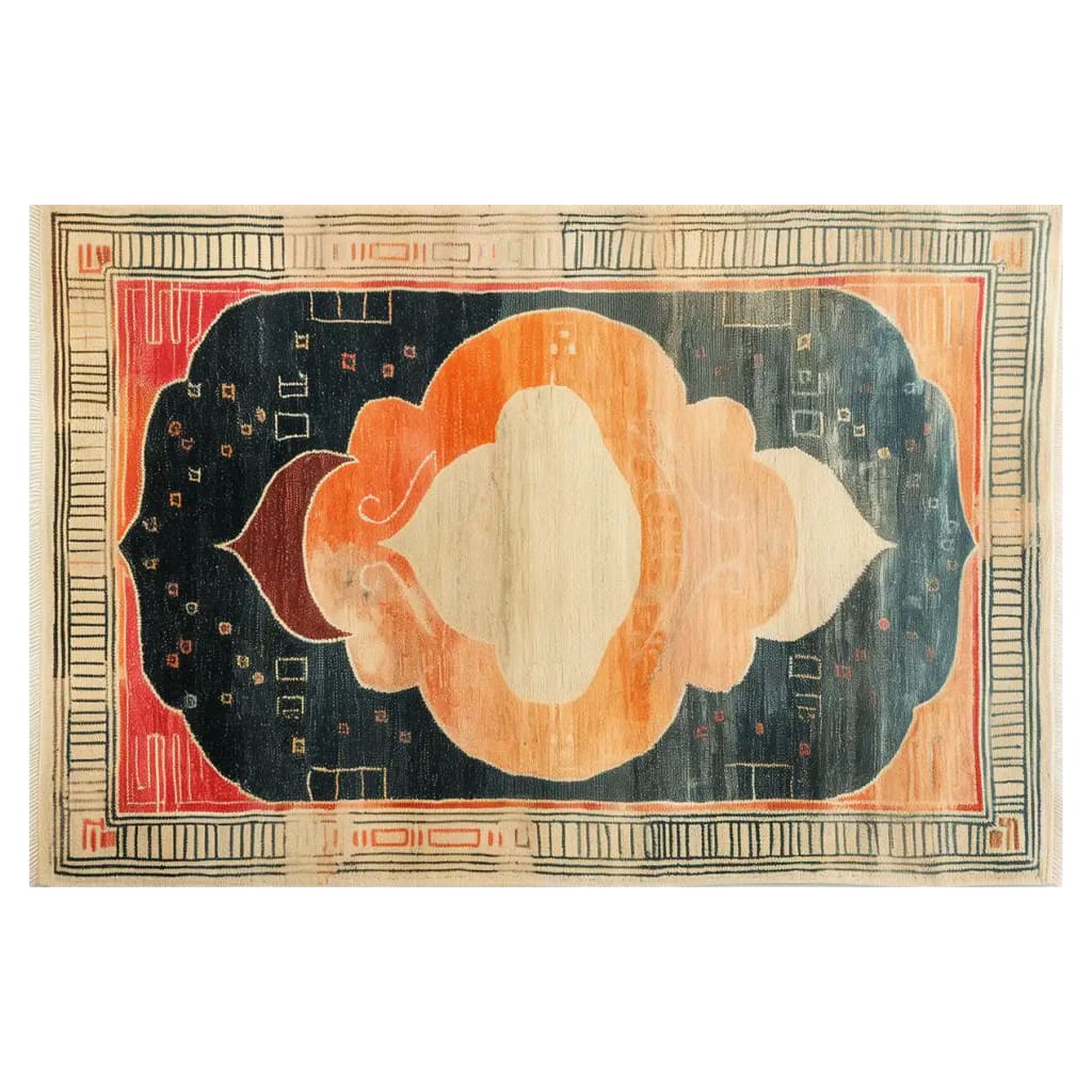 A vibrant, abstract area rug featuring a bold design with swirling orange and cream shapes against a dark backdrop, framed with intricate border patterns. This hand-tufted wool rug adds artistic flair and warmth to any room.