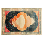 A vibrant, abstract area rug featuring a bold design with swirling orange and cream shapes against a dark backdrop, framed with intricate border patterns. This hand-tufted wool rug adds artistic flair and warmth to any room.