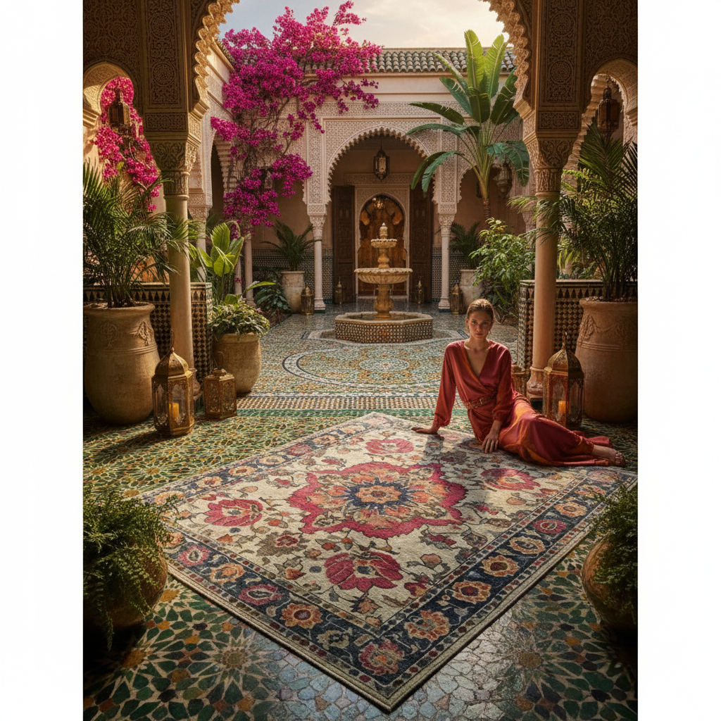 Woman sitting on a colorful rug in a decorative courtyard with flowers and plants.