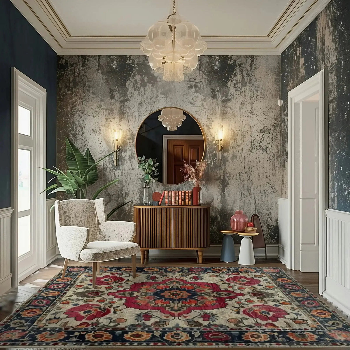 A beautifully styled living room featuring the Eternal Weave Hand-Tufted Area Rug, showcasing its intricate Persian rug design. The vibrant colors and detailed patterns make it a perfect centerpiece for living room area rugs, ideally sized at 8x10. This wool rug complements the elegant decor, including a stylish armchair, a chic sideboard, and a round mirror, creating a sophisticated ambiance perfect for both dining and living room settings.