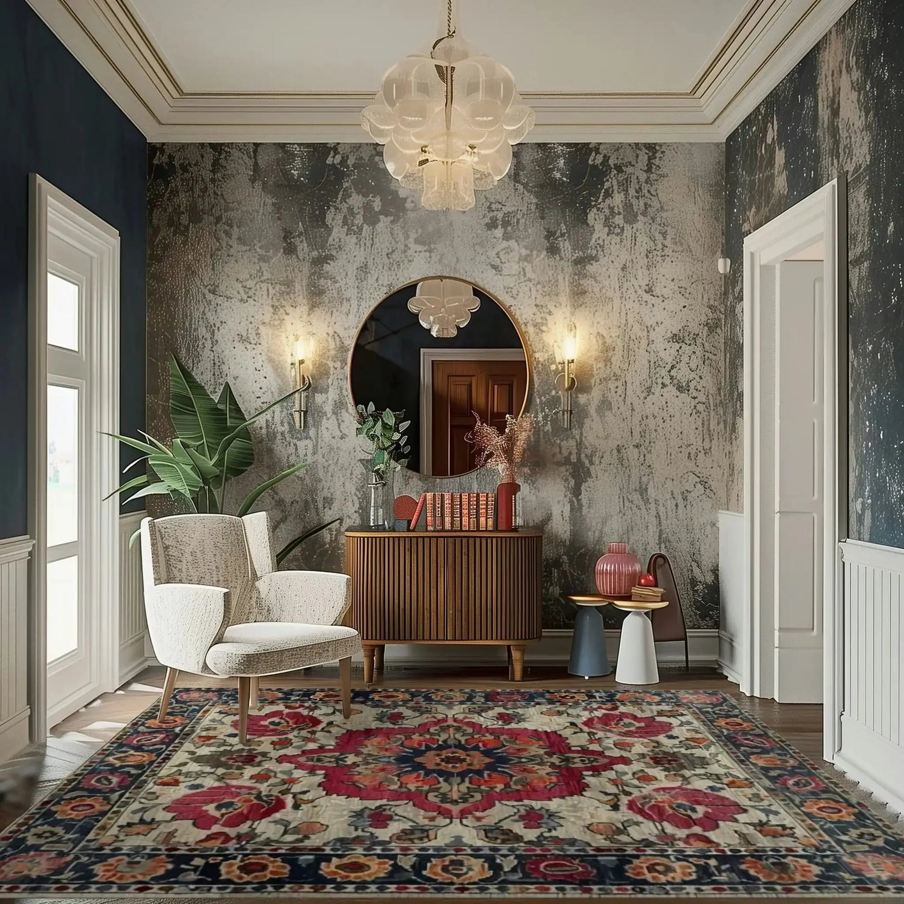 A beautifully styled living room featuring the Eternal Weave Hand-Tufted Area Rug, showcasing its intricate Persian rug design. The vibrant colors and detailed patterns make it a perfect centerpiece for living room area rugs, ideally sized at 8x10. This wool rug complements the elegant decor, including a stylish armchair, a chic sideboard, and a round mirror, creating a sophisticated ambiance perfect for both dining and living room settings.