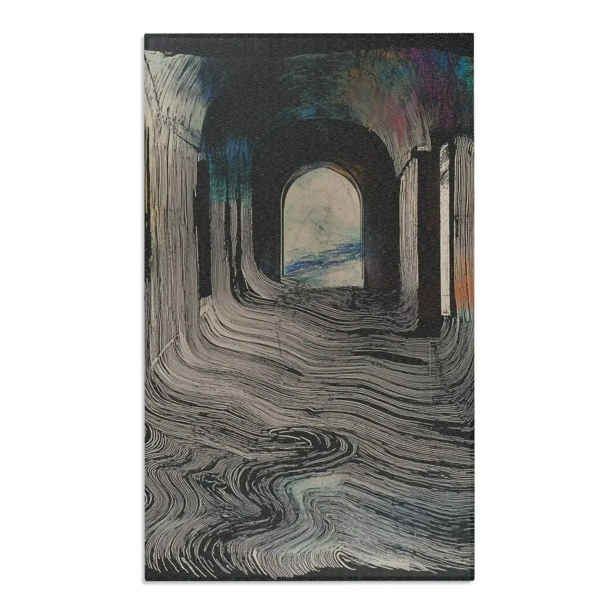 Ethereal Archway Fluid Pathways Rug featuring dark corridor with swirling cream-charcoal wave lines, glowing arched doorway, and spectrum glow at upper edge