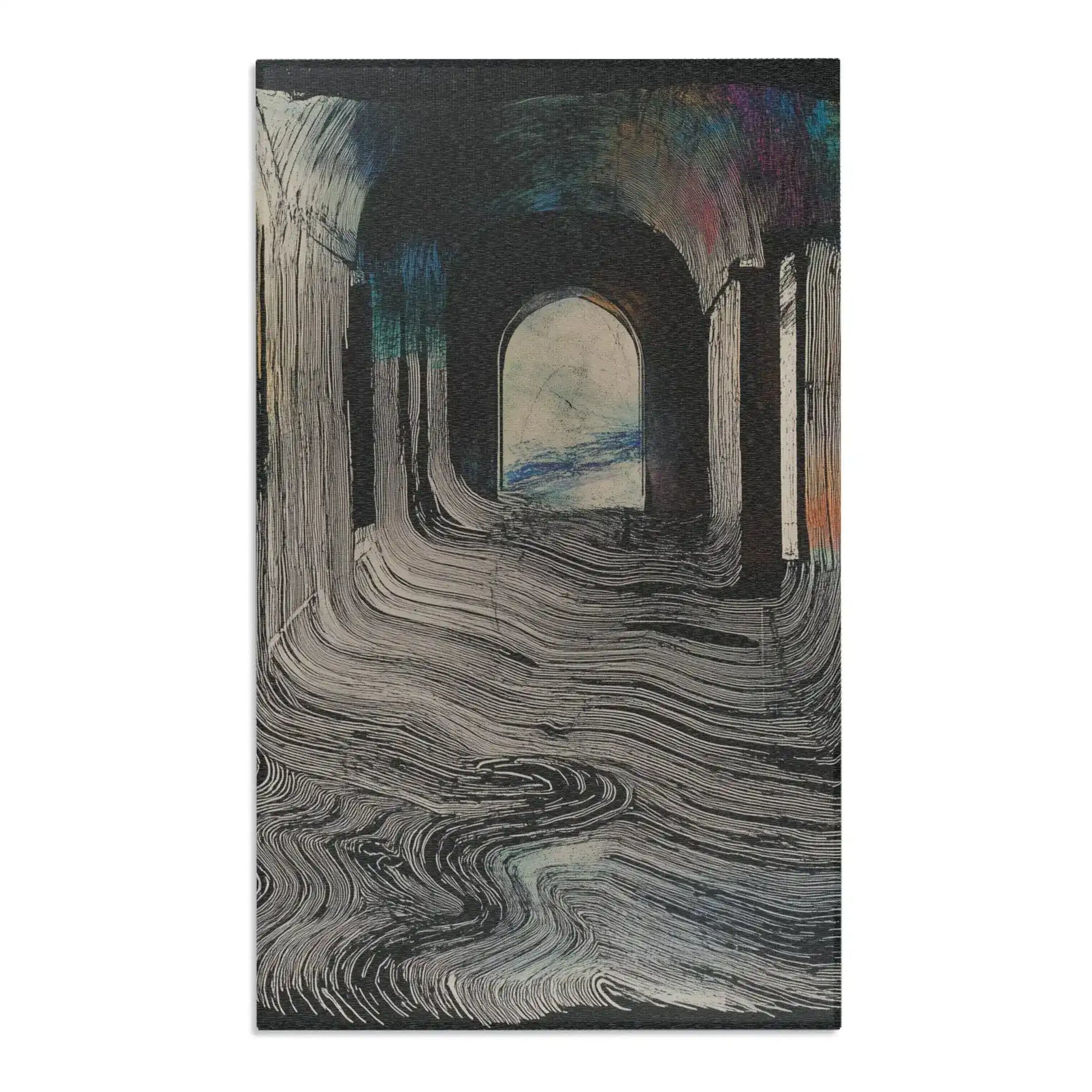 Ethereal Archway Fluid Pathways Rug featuring dark corridor with swirling cream-charcoal wave lines, glowing arched doorway, and spectrum glow at upper edge
