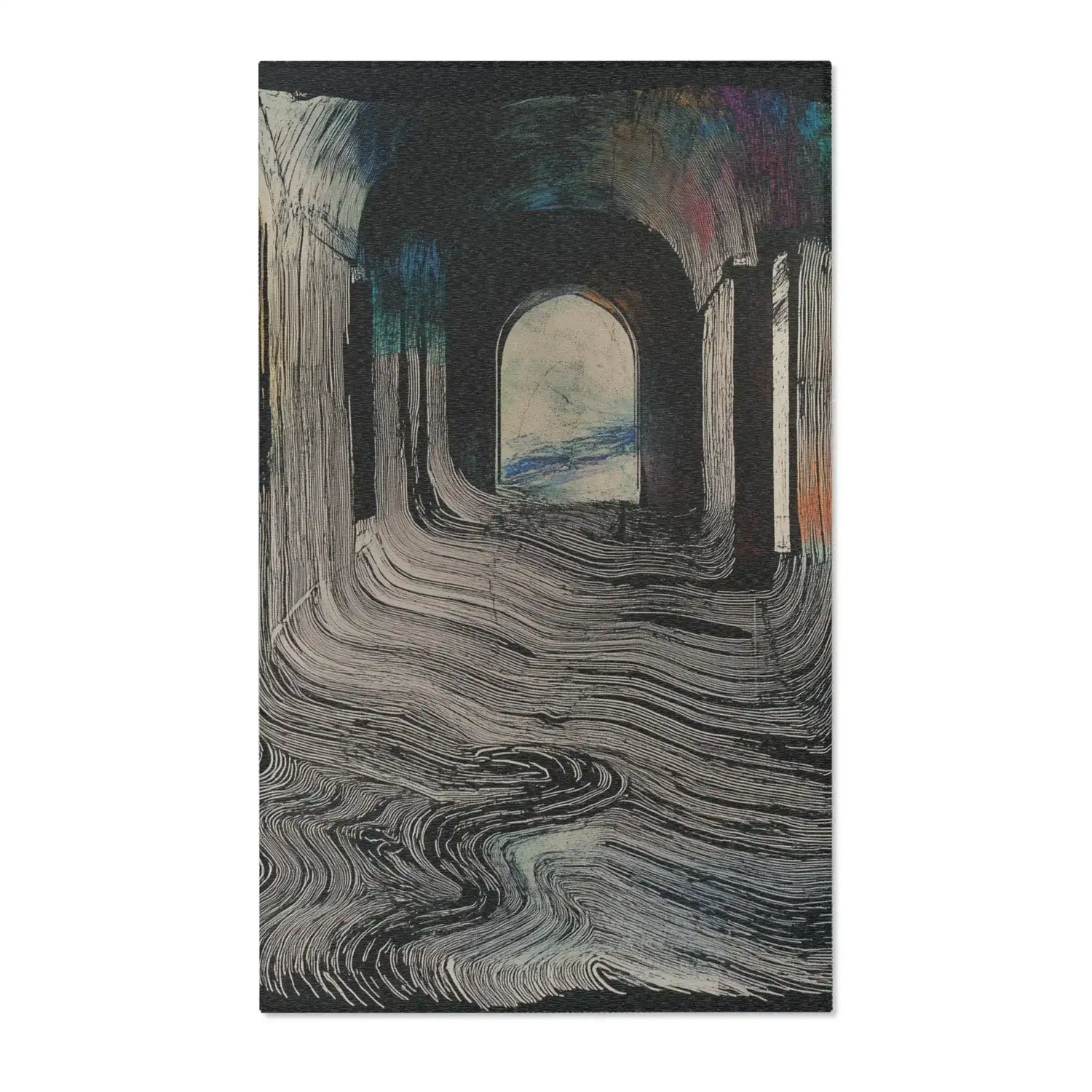 Ethereal Archway Fluid Pathways Rug with swirling charcoal and cream line pattern, arched corridor design, colorful iridescent glow at top edge