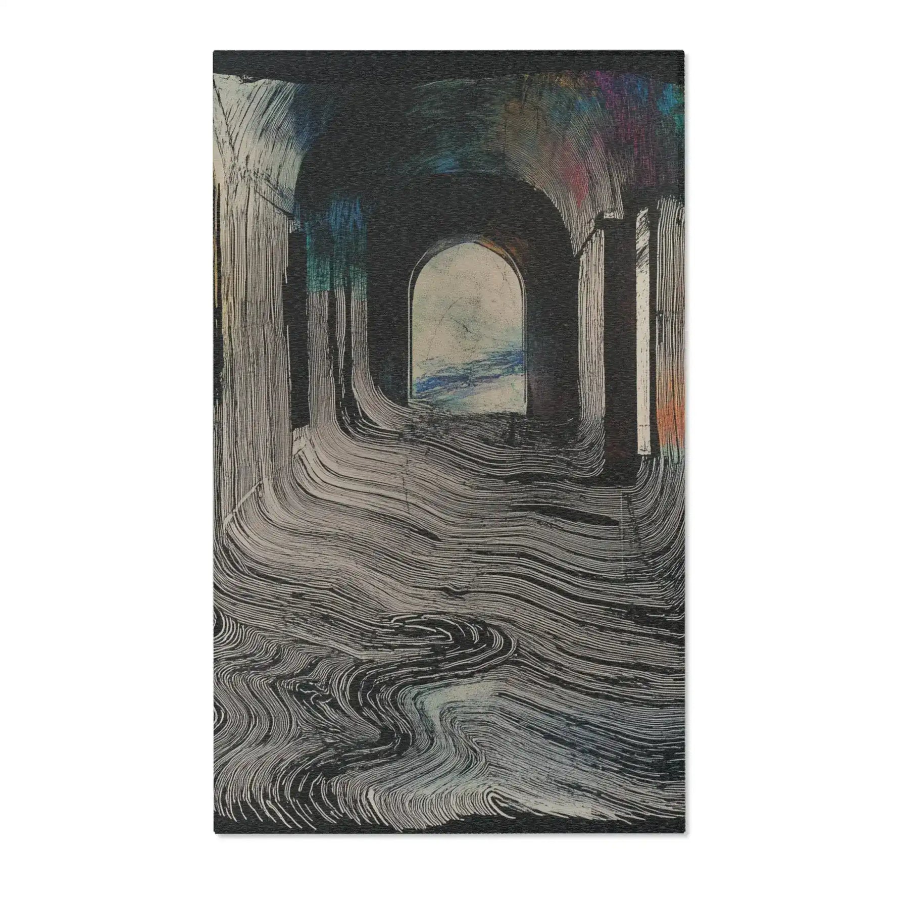 Ethereal Archway Fluid Pathways Rug with swirling charcoal and cream line pattern, arched corridor design, colorful iridescent glow at top edge