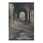 Dark arched corridor rug with swirling cream and charcoal fluid pathways, glowing archway focal point, and rainbow aurora accents along the Ethereal Archway Fluid Pathways Rug