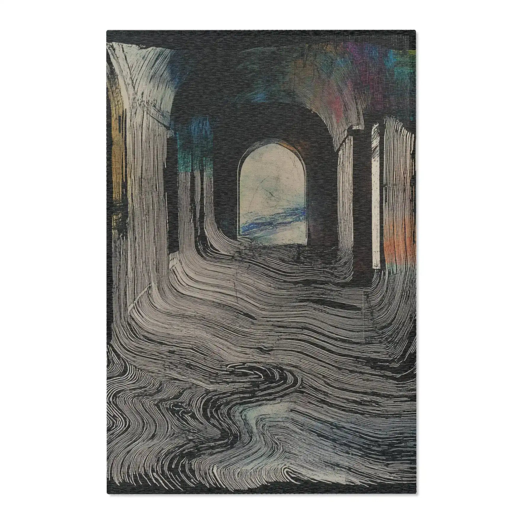 Dark arched corridor rug with swirling cream and charcoal fluid pathways, glowing archway focal point, and rainbow aurora accents along the Ethereal Archway Fluid Pathways Rug