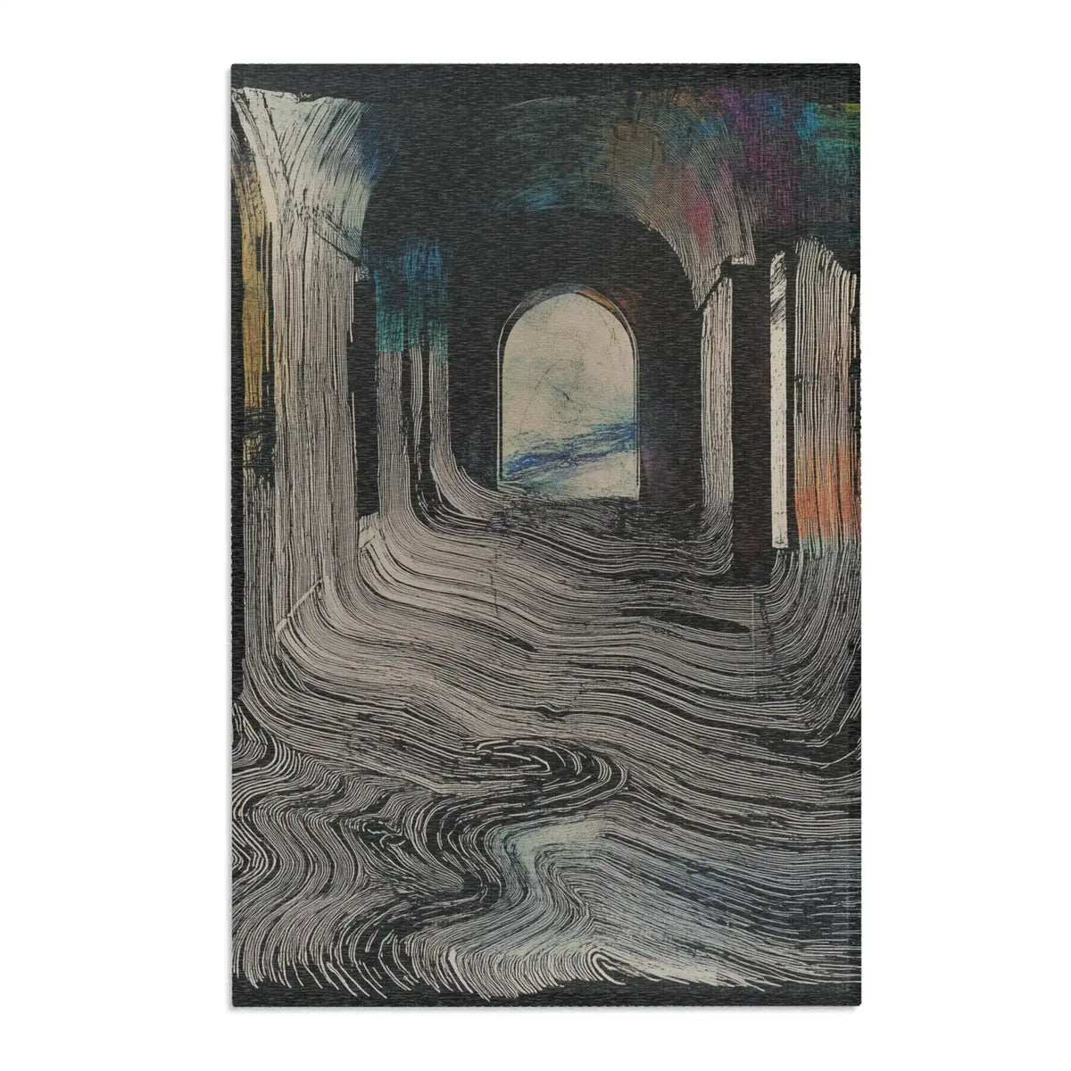 Dapper crocodile in ornate gold paisley Victorian jacket and iridescent sunglasses, moody dark portrait-style print, shown hanging as display for Ethereal Archway Fluid Pathways Rug