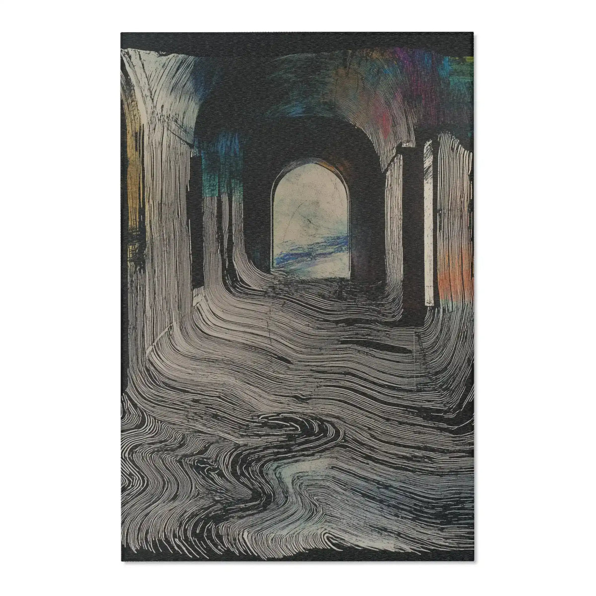 Dark abstract rug printed with fluid wavy lines and stone arch corridor motif, cream and charcoal tones with iridescent blue-orange top, Ethereal Archway Fluid Pathways Rug