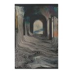 Dark abstract rug printed with fluid wavy lines and stone arch corridor motif, cream and charcoal tones with iridescent blue-orange top, Ethereal Archway Fluid Pathways Rug