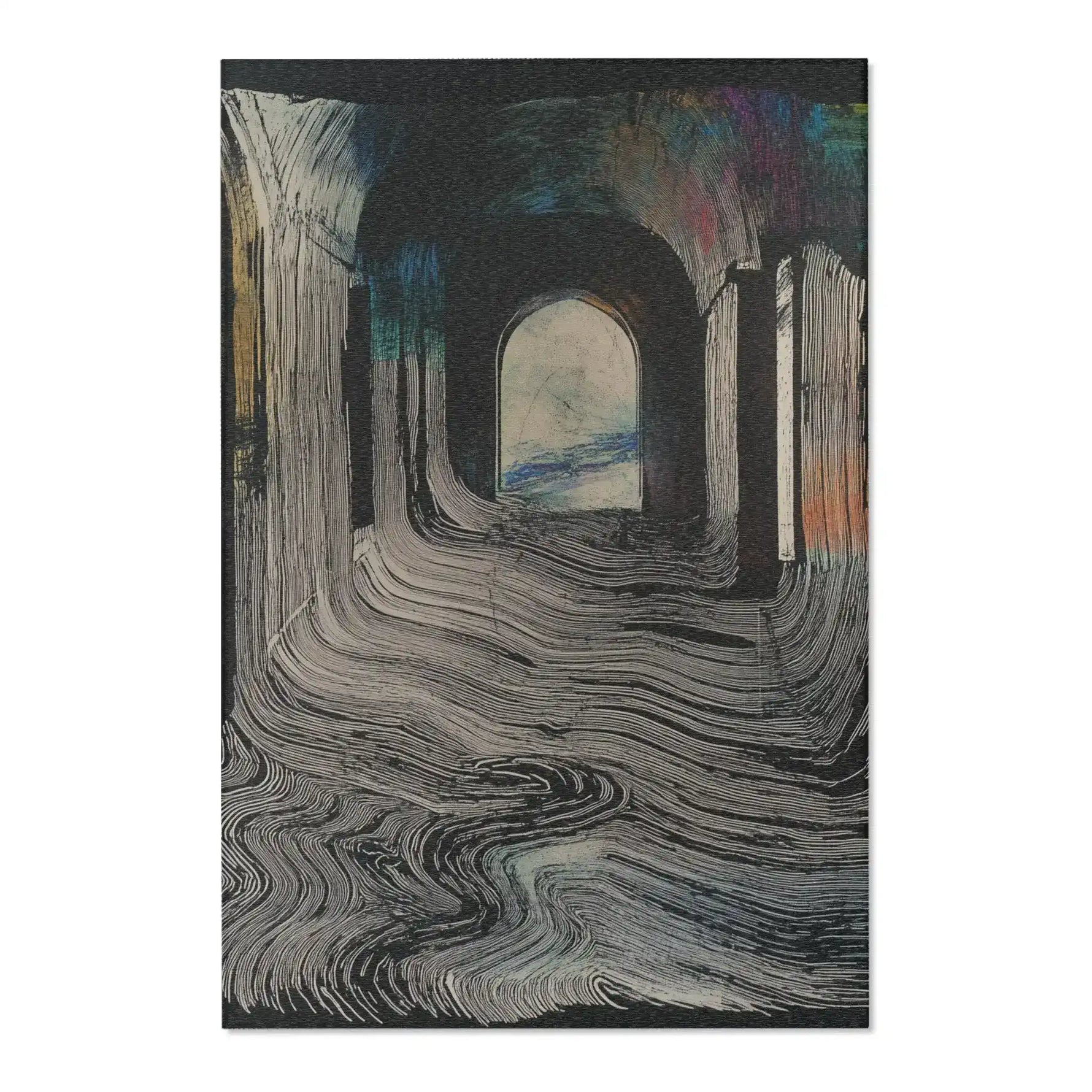 Dark abstract rug printed with fluid wavy lines and stone arch corridor motif, cream and charcoal tones with iridescent blue-orange top, Ethereal Archway Fluid Pathways Rug