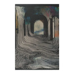 Swirling fluid wave line pattern rug with dark arched corridor and warm iridescent glow at top, Ethereal Archway Fluid Pathways Rug in portrait orientation