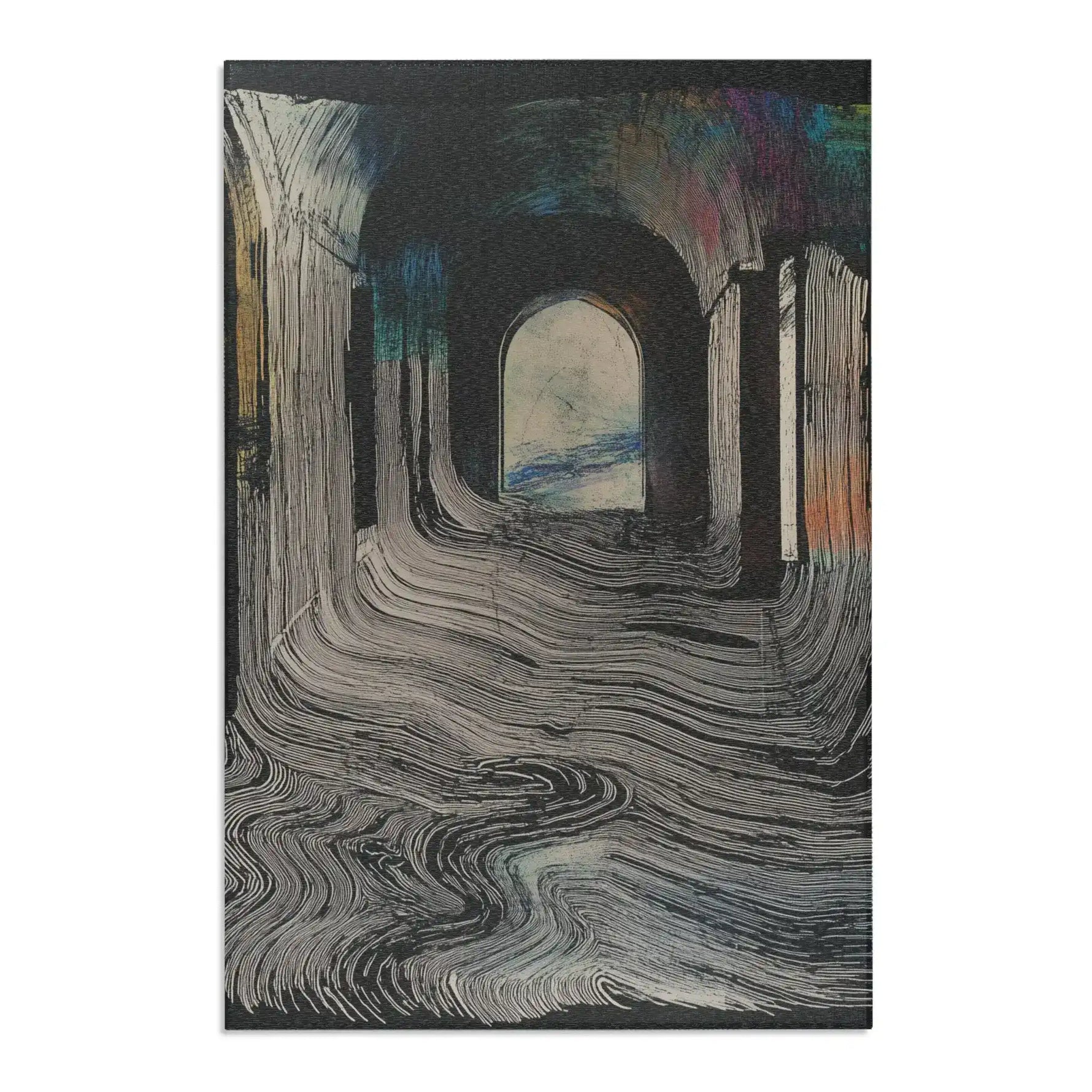 Swirling fluid wave line pattern rug with dark arched corridor and warm iridescent glow at top, Ethereal Archway Fluid Pathways Rug in portrait orientation