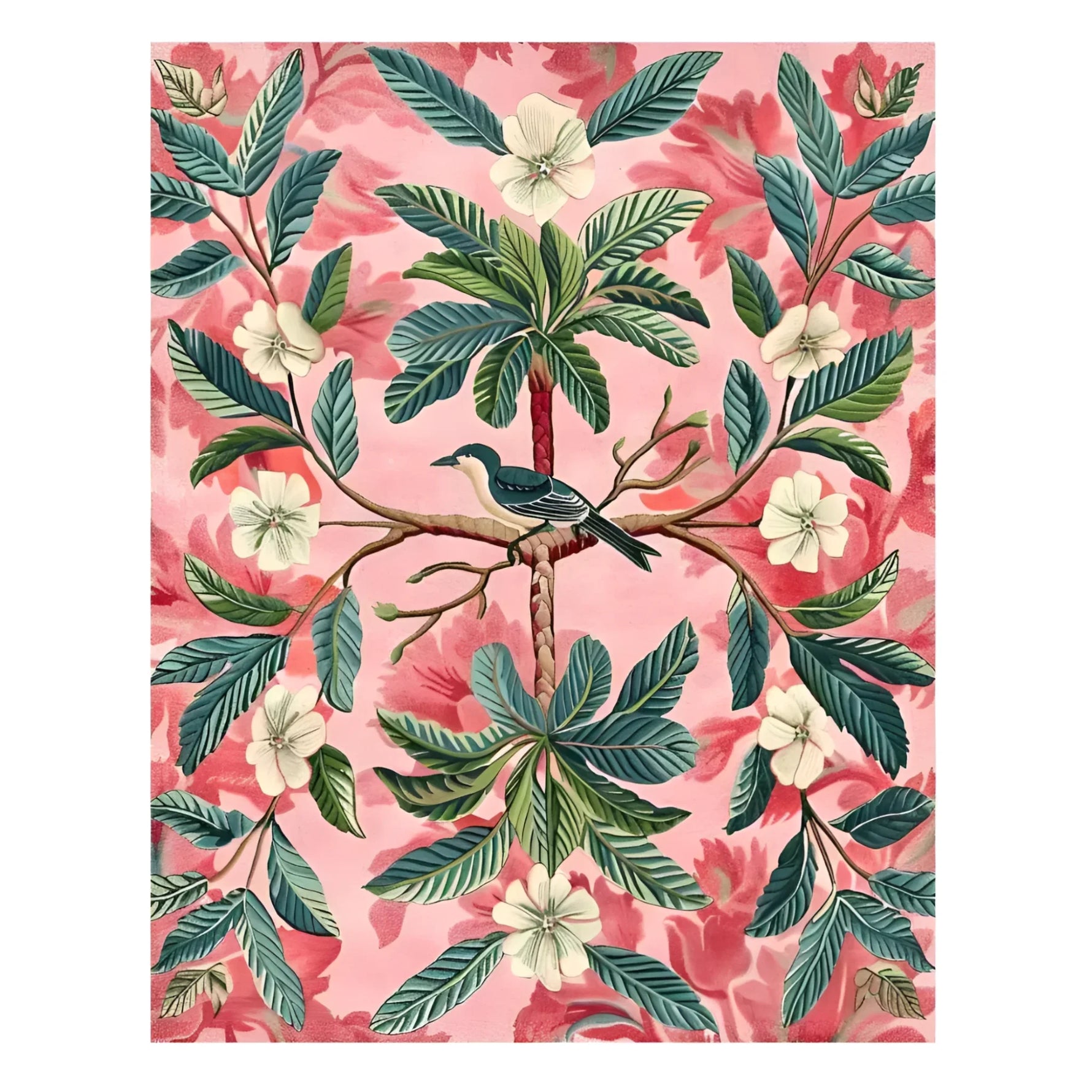 Ethereal Bloom Hand Tufted Area Rug with a vibrant floral design featuring lush green leaves and a central bird on a pink background. Perfect for adding a touch of nature to an office or as a centerpiece in large living room settings. This wool rug offers a stunning addition to both living room and office decor as a stylish area rug.