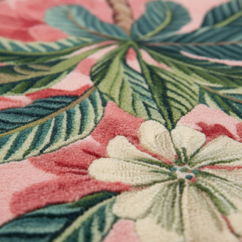 Close-up of a floral and leaf pattern with pink, green, and beige colors.