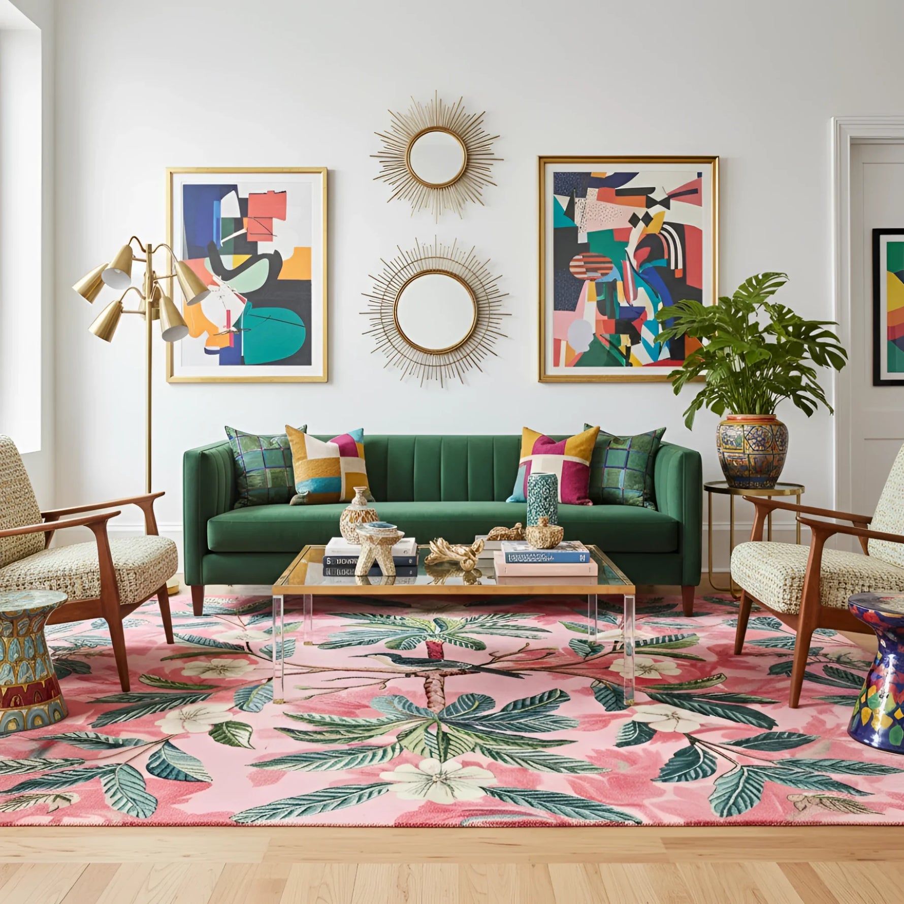 Living room with a green sofa, colorful pillows, and a pink rug with leaf patterns.