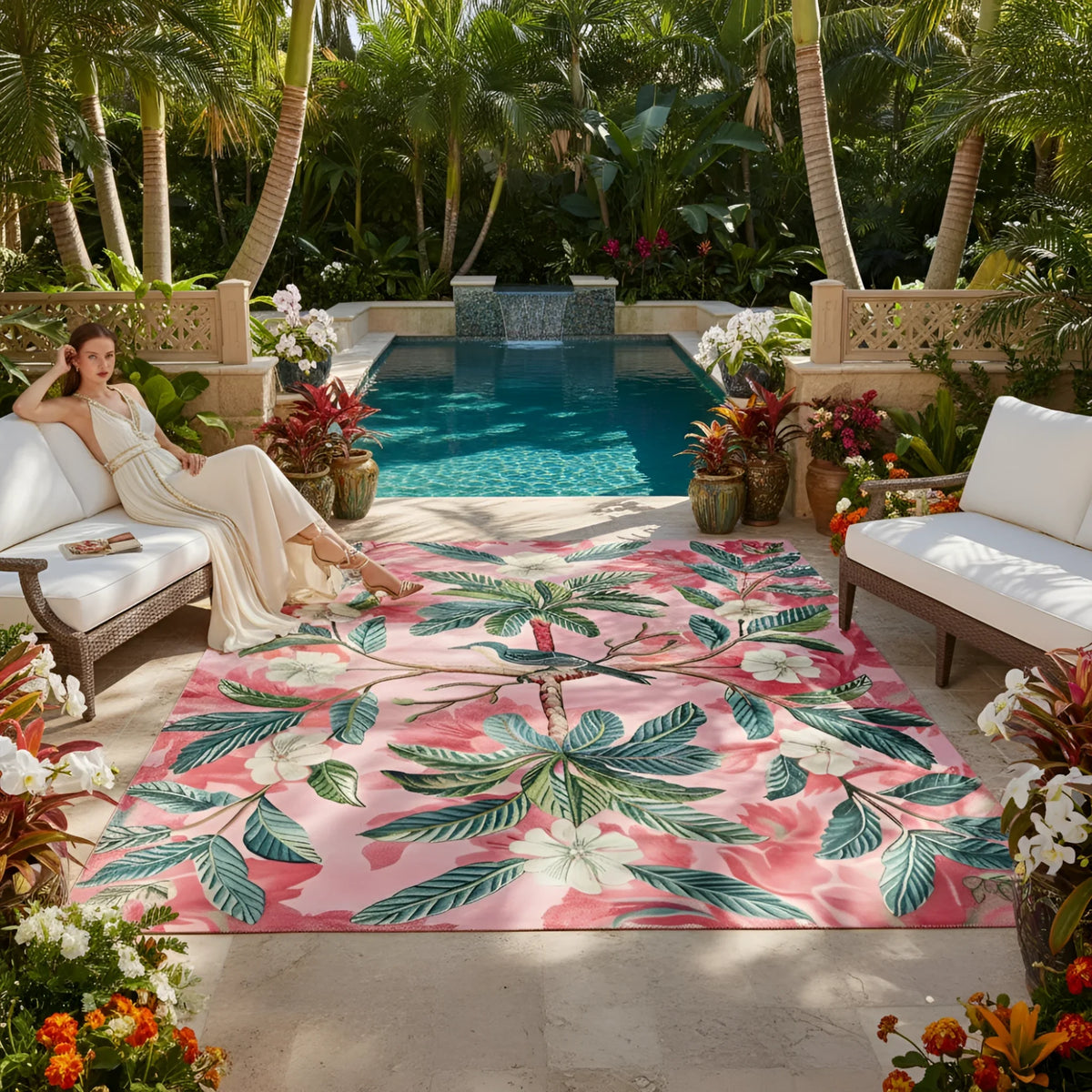 Woman sitting on a lounge chair by a pool with a pink floral rug