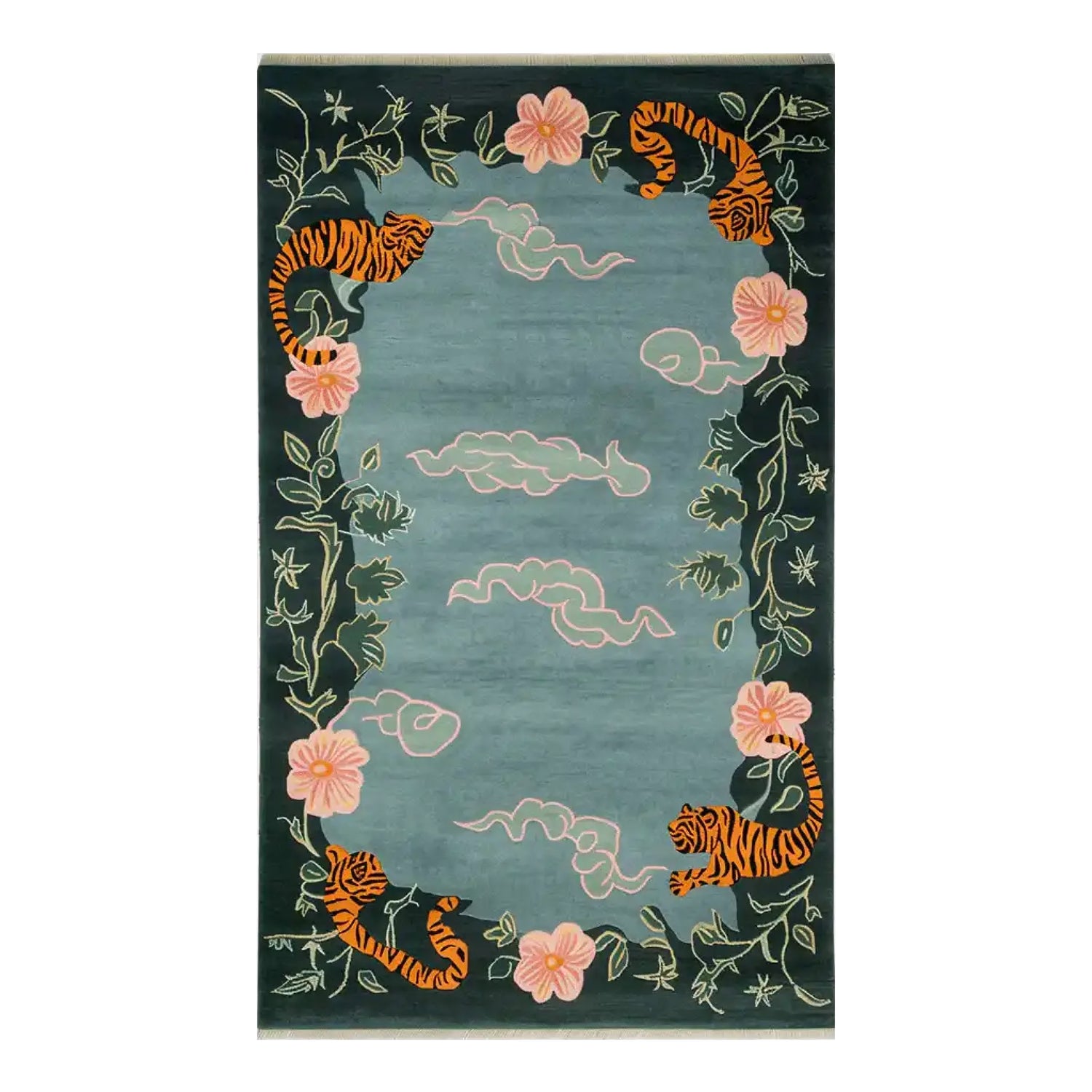 Ethereal Blossom Drift Hand Tufted Wool Area Rug featuring an abstract design with tigers, pink flowers, and swirling clouds on a rich green background.