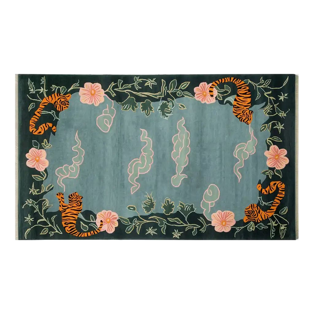 A beautifully designed area rug featuring vibrant orange tigers, soft pink blossoms, and intricate green vines on a calming teal background, perfect for adding a touch of elegance to any room.