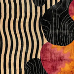 A vibrant Ethereal Essence wool hand-tufted area rug featuring an abstract design. The rug displays bold black and beige wavy lines intertwined with rich red and orange circular patterns. Perfect for adding a touch of modern elegance to formal dining rooms or large living spaces, this large area wool rug is an ideal choice for those seeking unique dining room or living room rugs.
