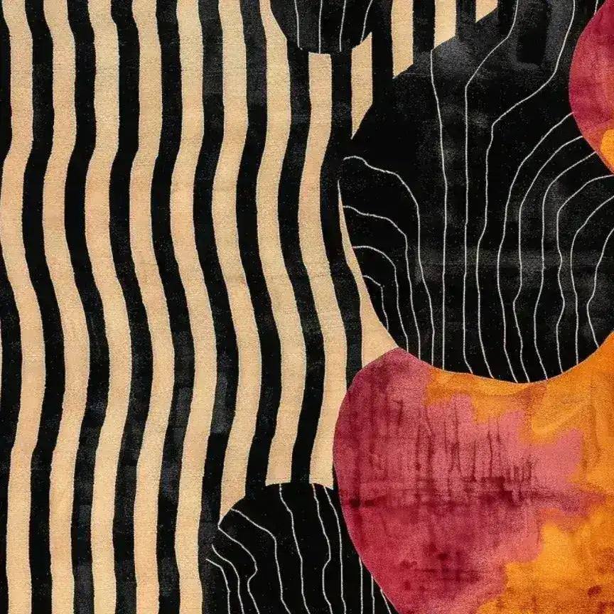 A vibrant Ethereal Essence wool hand-tufted area rug featuring an abstract design. The rug displays bold black and beige wavy lines intertwined with rich red and orange circular patterns. Perfect for adding a touch of modern elegance to formal dining rooms or large living spaces, this large area wool rug is an ideal choice for those seeking unique dining room or living room rugs.