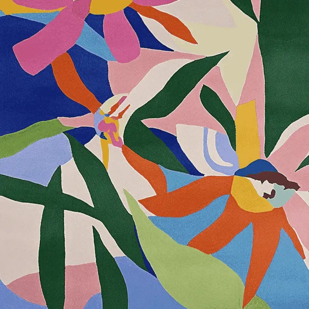 Ethereal Garden Song Hand Tufted Rug showcasing a vibrant floral pattern in bold colors. This contemporary area rug is perfect for adding a splash of color to your living room. Ideal for those seeking large living room rugs with a modern touch, this wool rug combines artistic flair with practical design.