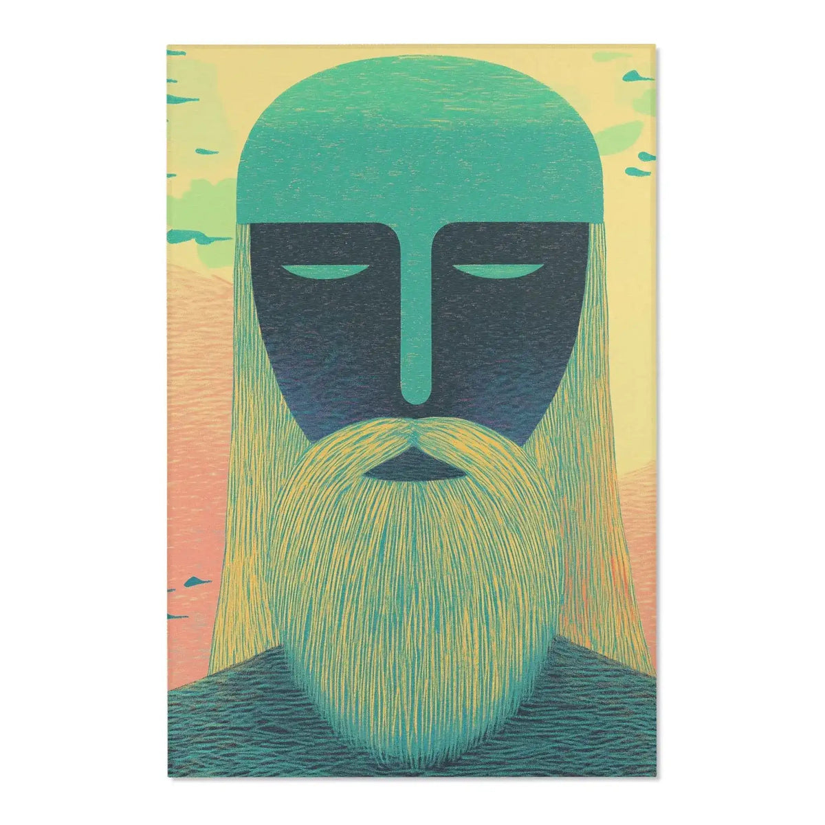 Same teal-guardian face on Ethereal Guardian Accent Rug — broader angle showing full portrait with peach sky and fine hair striations
