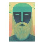 Same teal-guardian face on Ethereal Guardian Accent Rug — broader angle showing full portrait with peach sky and fine hair striations