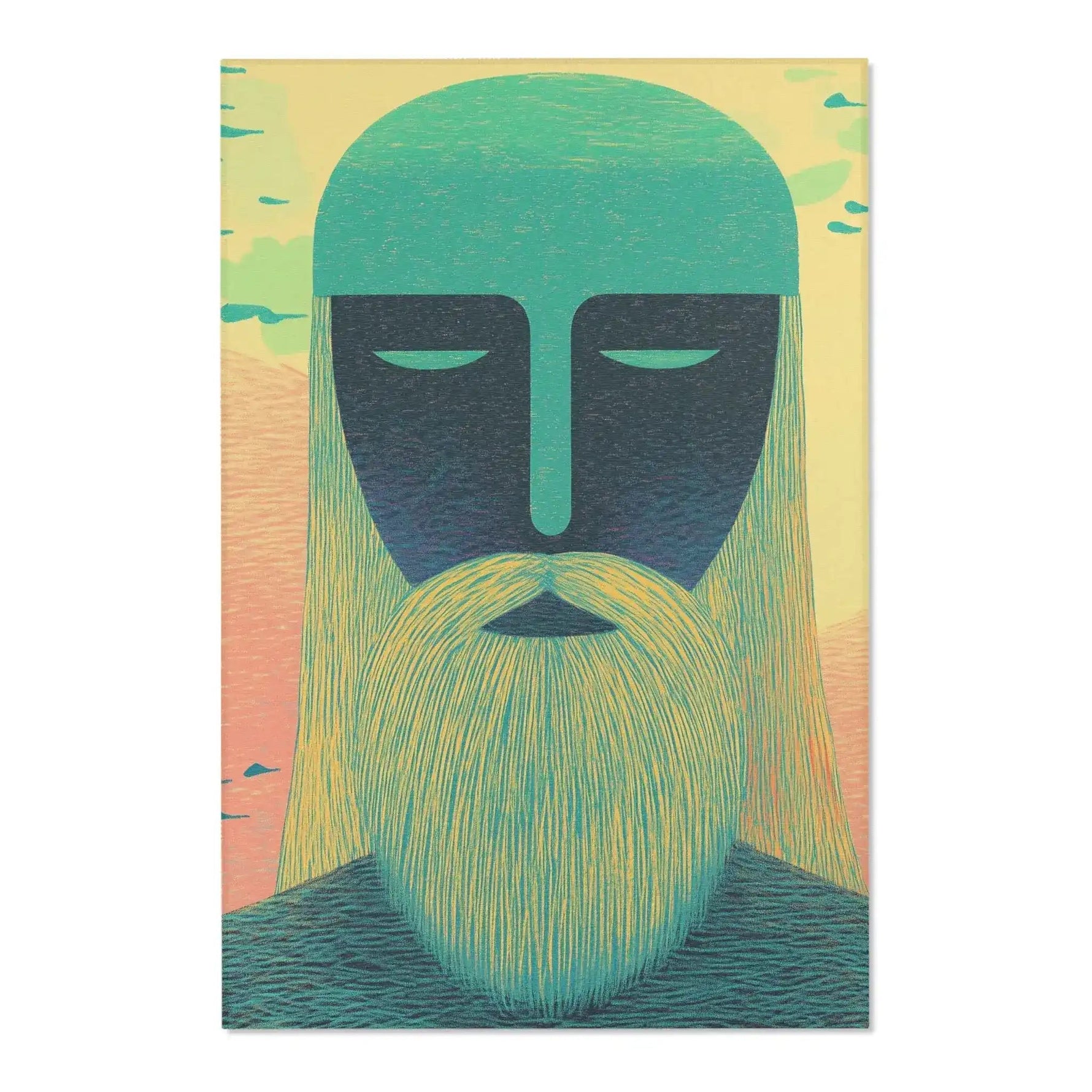 Same teal-guardian face on Ethereal Guardian Accent Rug — broader angle showing full portrait with peach sky and fine hair striations
