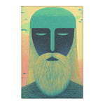 Teal-bearded serene dark figure with flowing golden-teal striped hair against peachy-yellow sky — Ethereal Guardian Accent Rug portrait texture detail