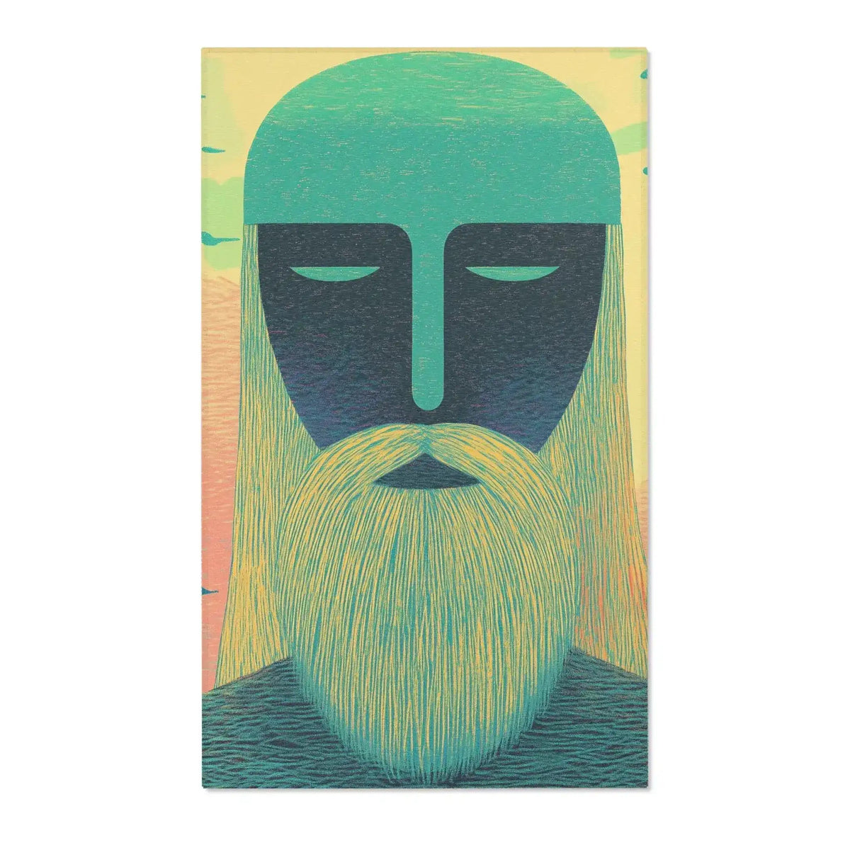 Bold minimalist dark face with teal-green flowing hair and full beard, warm sunset gradient sky with birds — Ethereal Guardian Accent Rug front portrait