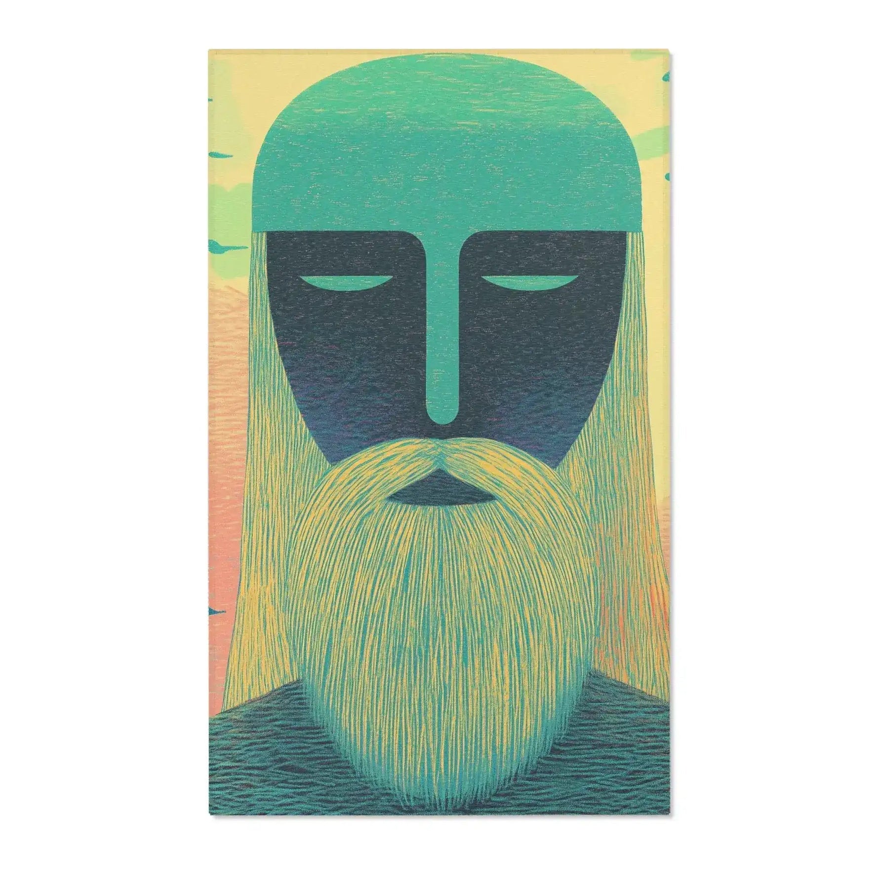 Bold minimalist dark face with teal-green flowing hair and full beard, warm sunset gradient sky with birds — Ethereal Guardian Accent Rug front portrait