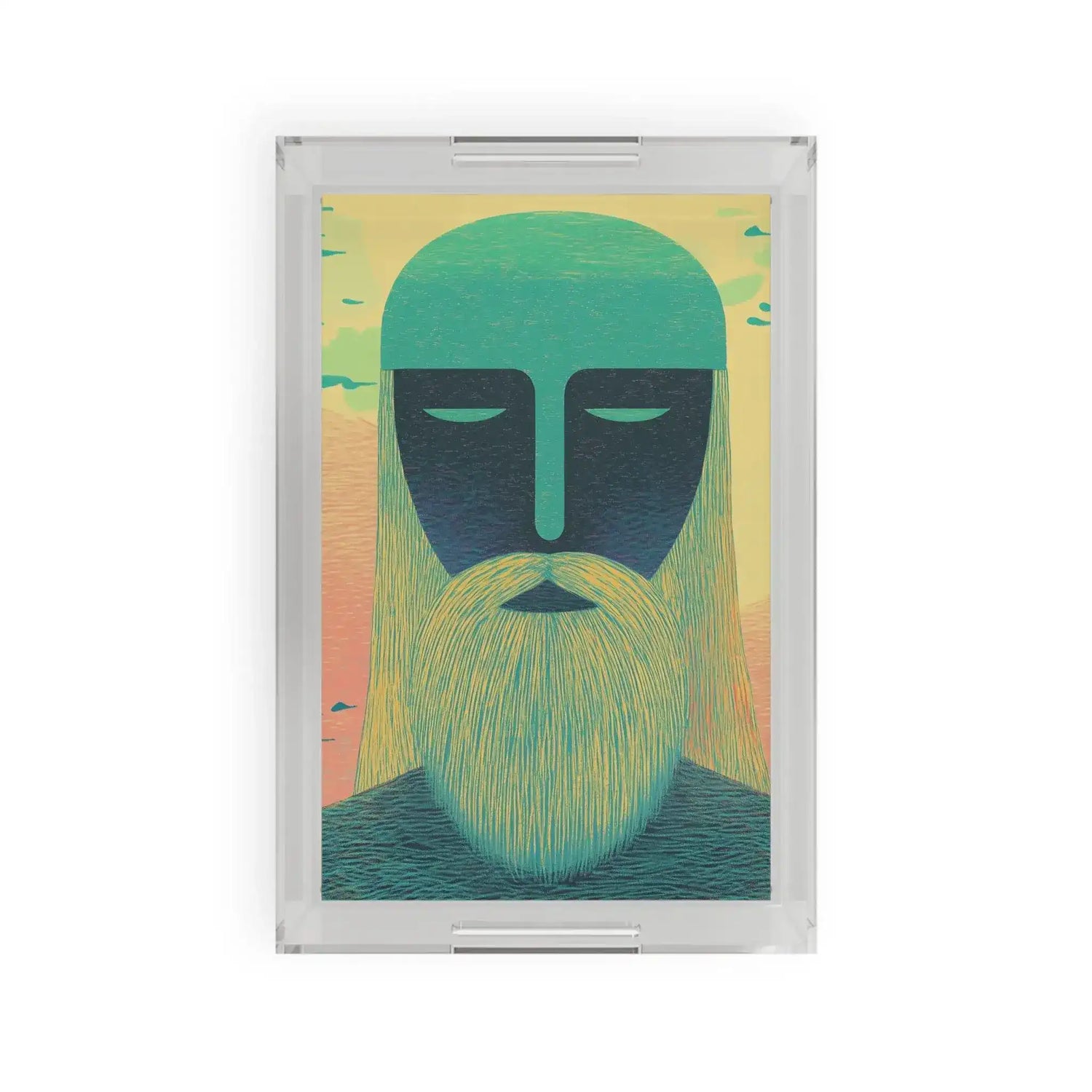 Clear acrylic Ethereal Guardian Serving Tray with stylized bearded mystic face, teal head and navy features on peach sky