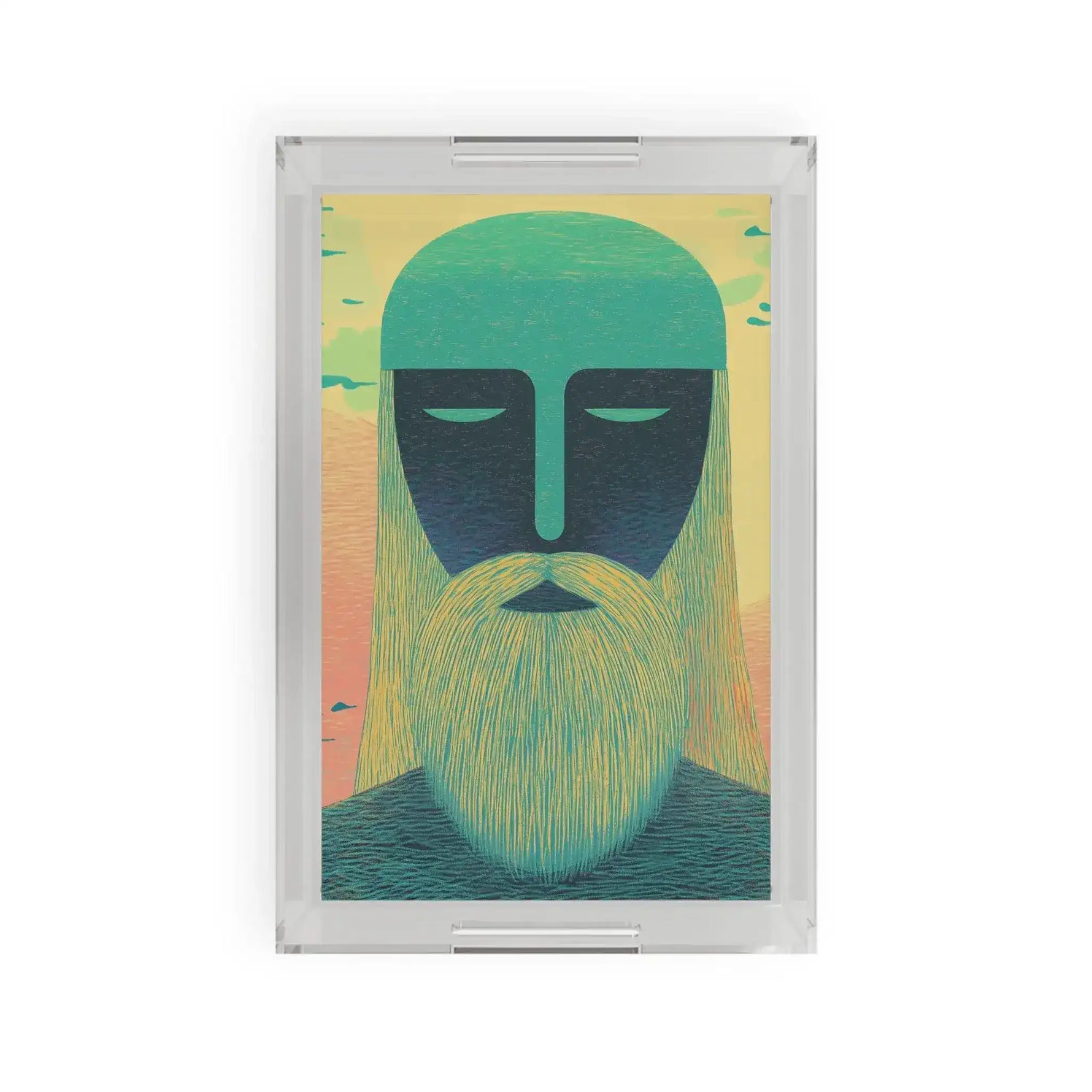 Clear acrylic Ethereal Guardian Serving Tray with stylized bearded mystic face, teal head and navy features on peach sky