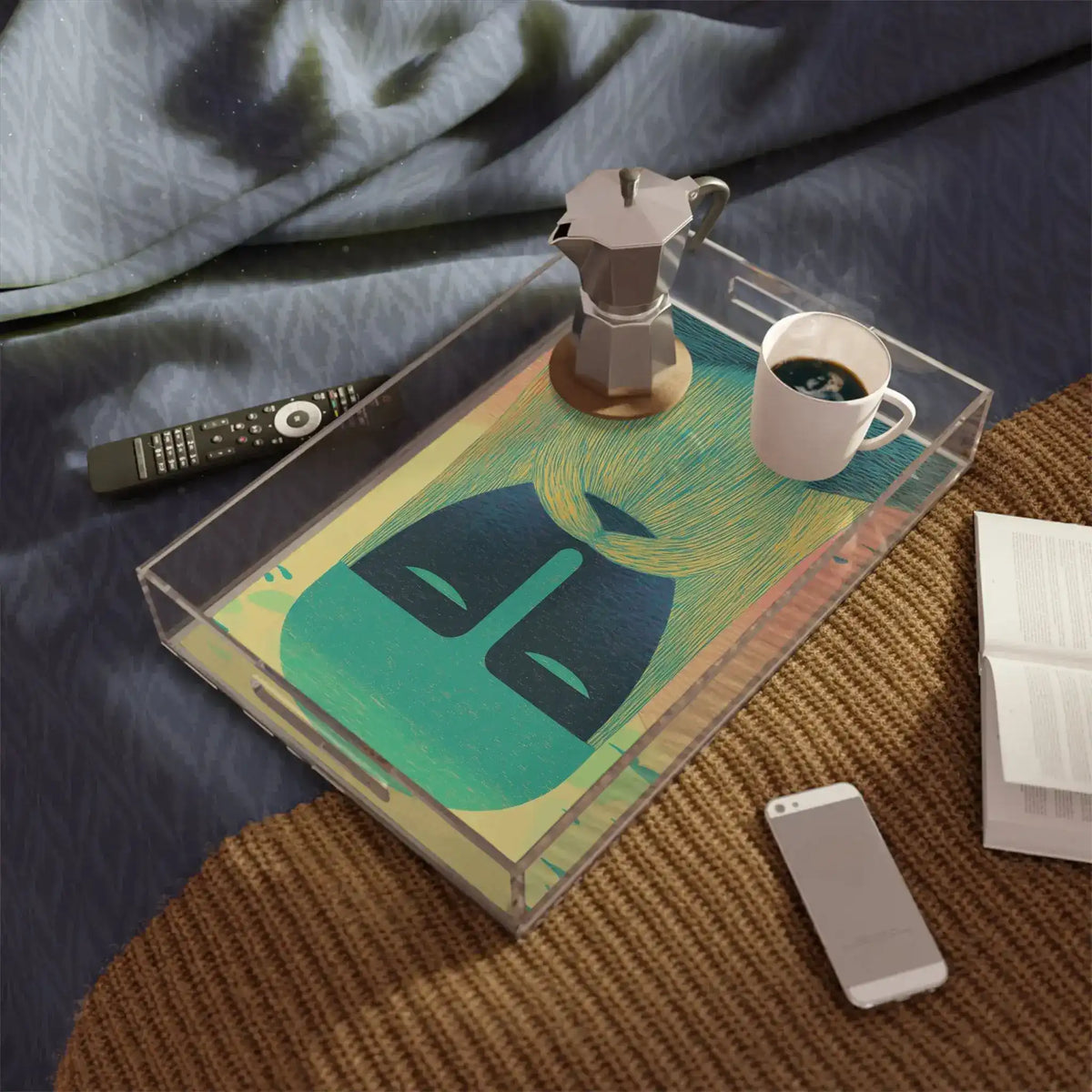 Ethereal Guardian Serving Tray on a bed with moka pot, coffee cup and phone, teal bearded-face art seen through clear base