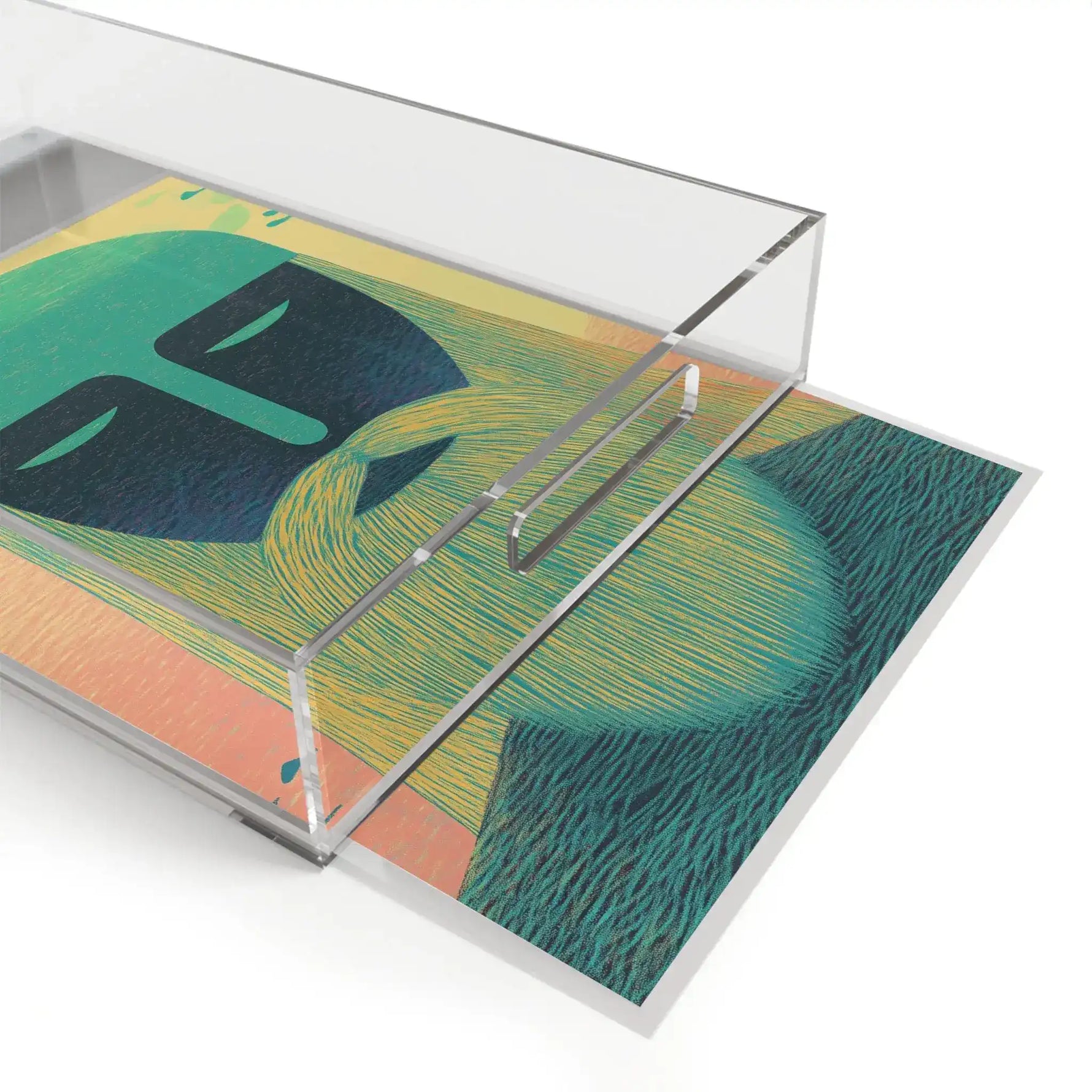 Angled Ethereal Guardian Serving Tray with lid lifted, revealing teal-and-gold bearded mystic face artwork on the base