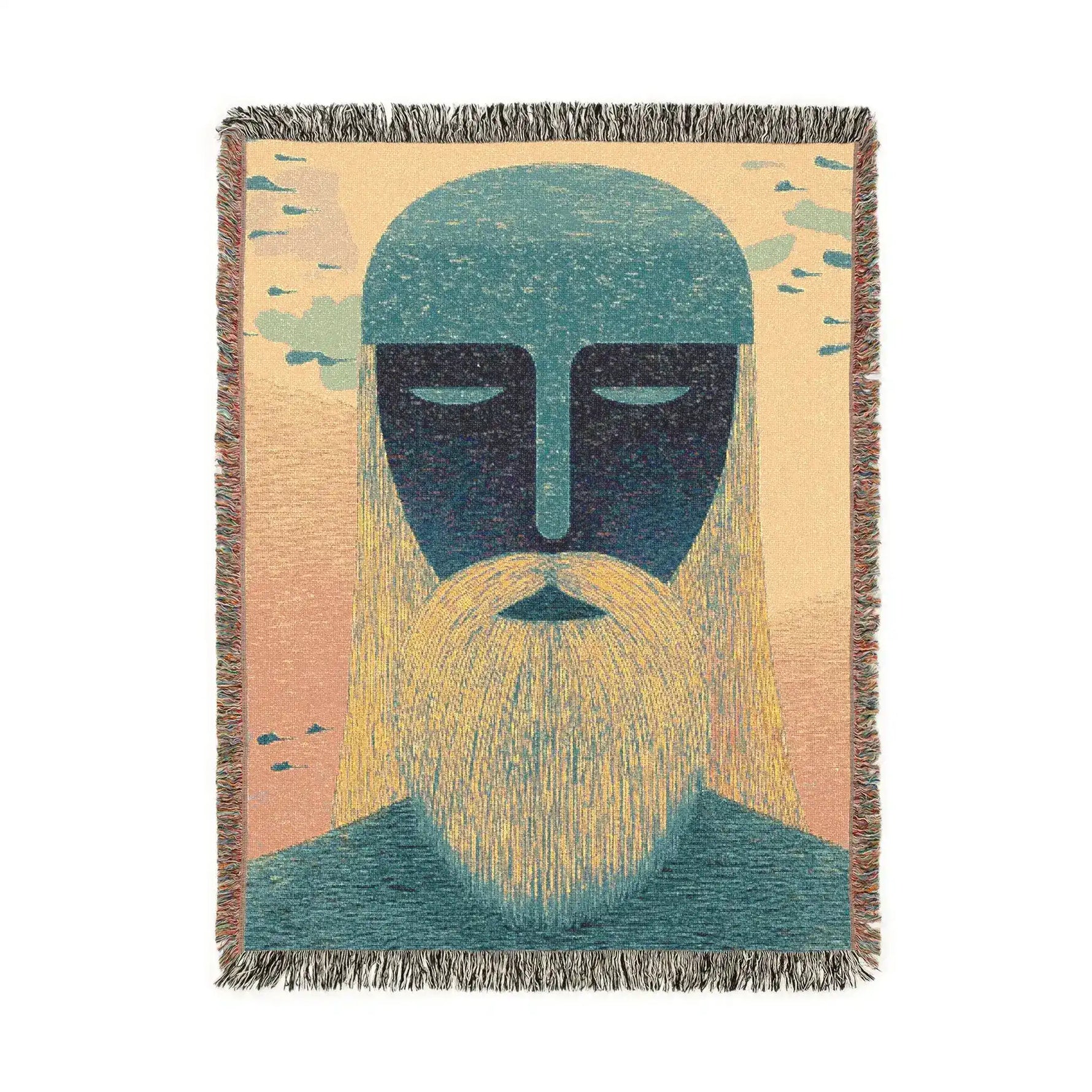 Ethereal guardian woven blanket showing full bearded figure portrait, warm peach rose sky, small bird accents, cotton fringe