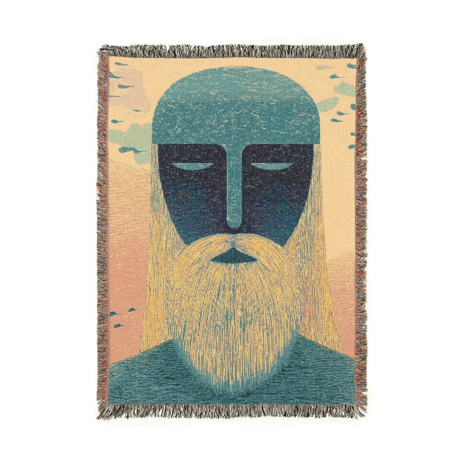 Woven fringed throw blanket with teal bearded guardian face, long golden beard, peach-blush sky and bird silhouettes, portrait
