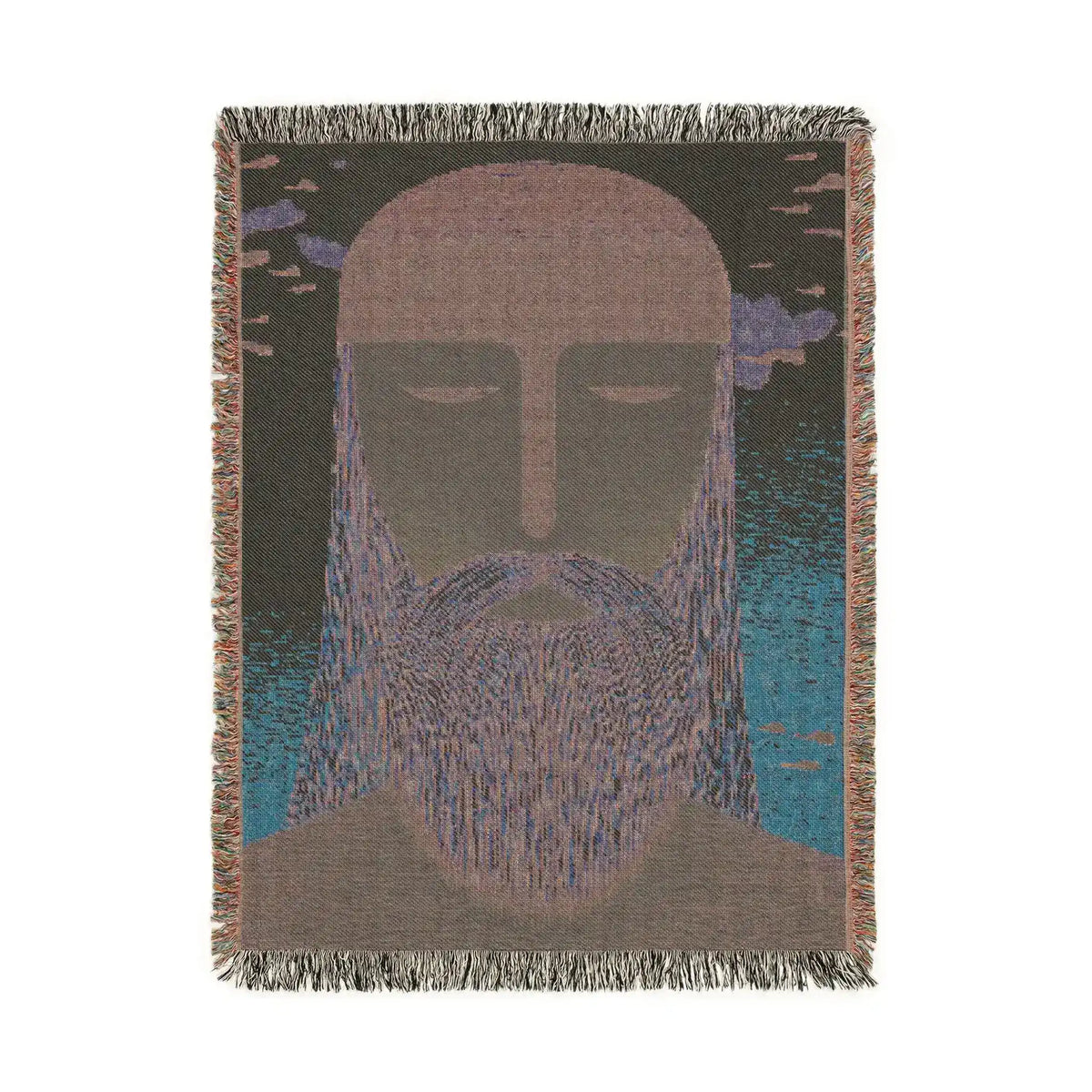 Portrait back view of ethereal guardian woven blanket in dark charcoal ground, lavender-blue beard, teal sides, fringed edges