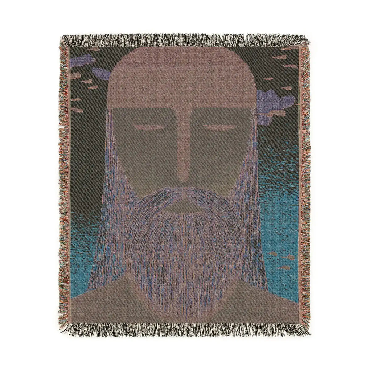Square reverse of ethereal guardian woven blanket in khaki-charcoal with lavender beard and teal accents, fringe border