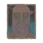 Square reverse of ethereal guardian woven blanket in khaki-charcoal with lavender beard and teal accents, fringe border