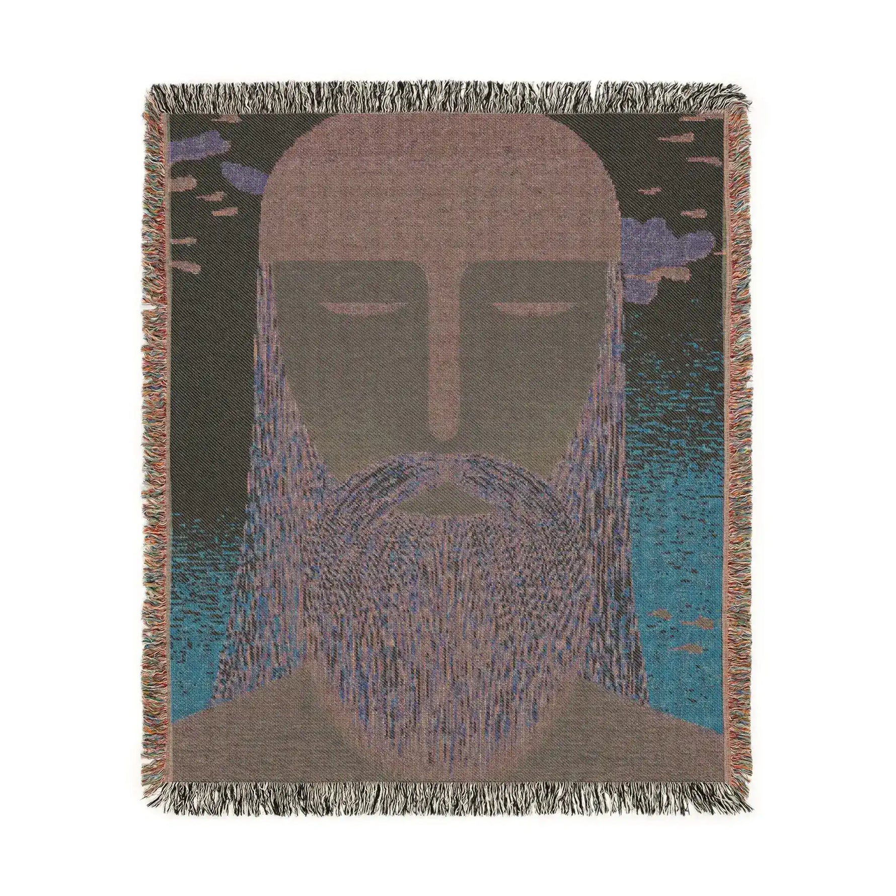 Square reverse of ethereal guardian woven blanket in khaki-charcoal with lavender beard and teal accents, fringe border